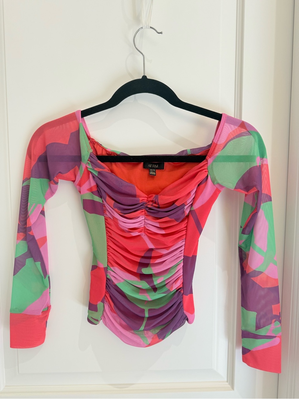 AFRM Multicolor Ruched Scoop-Neck Long Sleeve Top